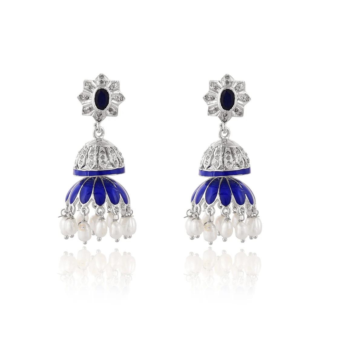Natural Blue Sapphire And Real Diamond Studded Silver Chandelier Earrings | Natural Emerald And Real Diamond Studded Silver Danglers For Her