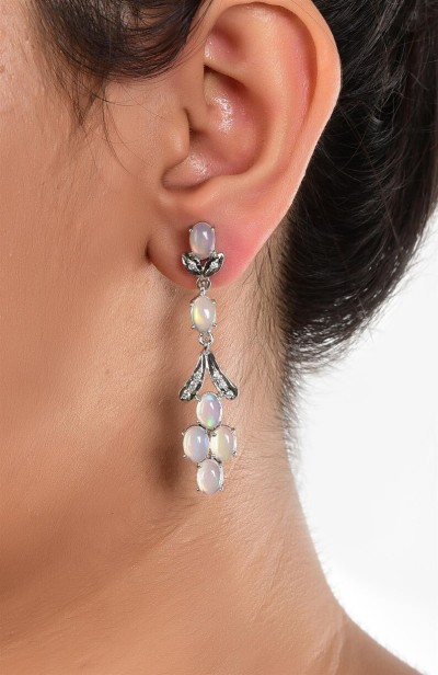 Natural Fire Opal And Diamond Studded Silver Earrings | Fire Opal Silver Danglers For Women | White Opal Push Back Earrings | Gift For Her