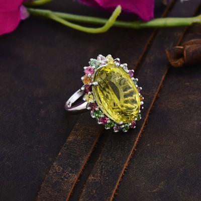 Natural Genuine LemonTopaz And Multi-Tourmaline Studded Silver Statement Ring | Cocktail Ring For Women | Big Yellow Gemstone Ring for Her