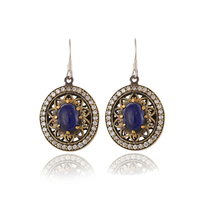 Natural Lapis Lazuli And White Topaz Studded Silver Hangings | Lapis Lazuli Silver Earrings For Women | Lapis Lazuli Thread Wire Earrings