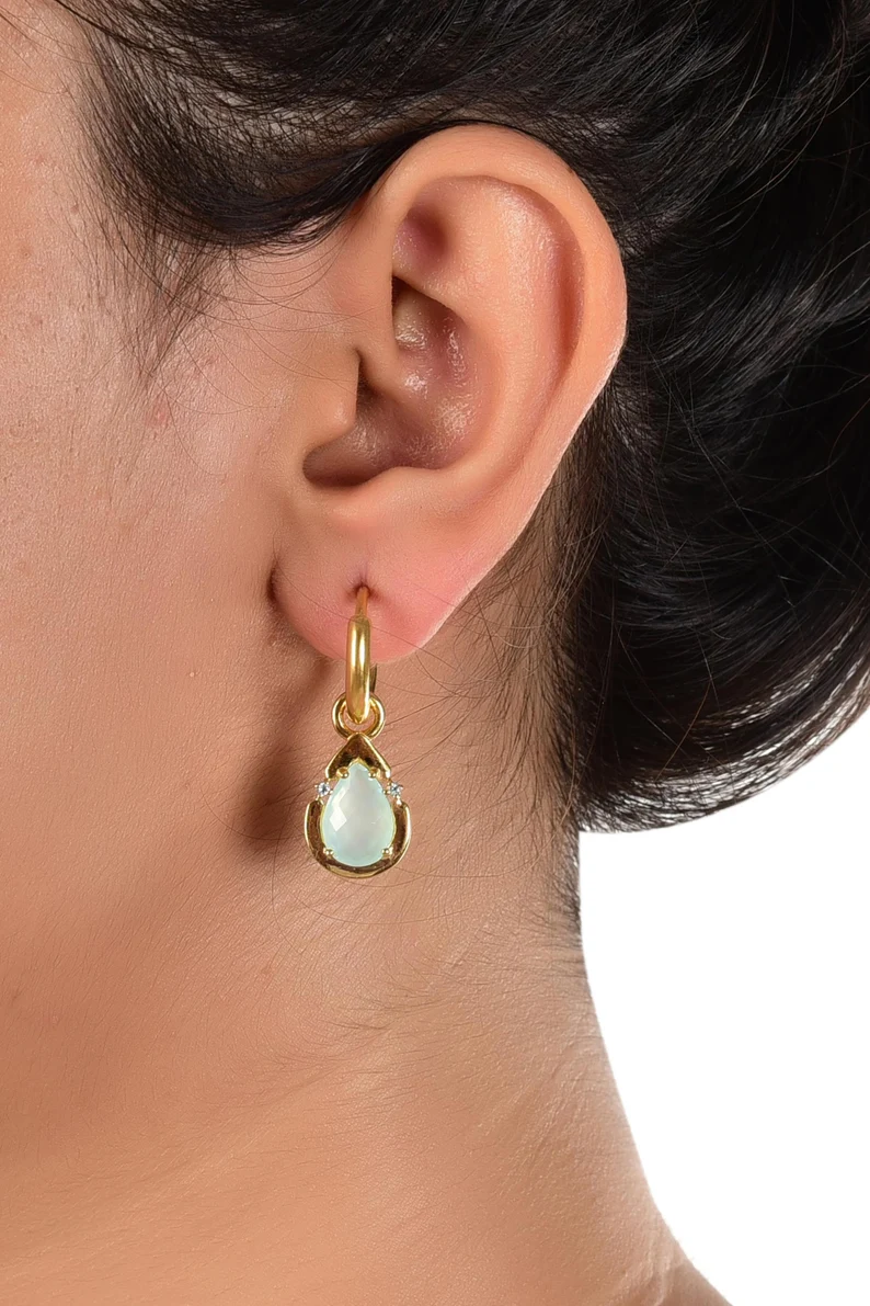 Natural Genuine Aqua Chalcedony Earrings | Chalcedony Hoops For Women | Light Blue Hoops Earrings For Her | 18k Gold Plated Hoops For Her